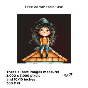 May include: A cartoon illustration of a young witch with long, wavy gray hair, wearing an orange top, striped stockings, and a pointed hat. She is sitting on a roof with orange tiles. The image includes the text "Free commercial use".