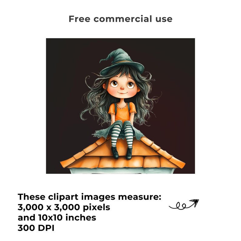 May include: A cartoon illustration of a young witch with long, wavy gray hair, wearing an orange top, striped stockings, and a pointed hat. She is sitting on a roof with orange tiles. The image includes the text "Free commercial use".