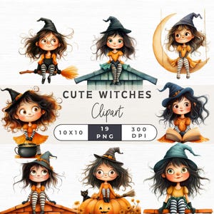 Peut inclure: Collection de cliparts numériques de mignonnes sorcières de dessin animé. Chaque sorcière a des cheveux foncés, un chapeau de sorcière noir, des bas rayés orange et noirs et une tenue orange. Certaines sont sur un balai, un toit ou un croissant de lune.
