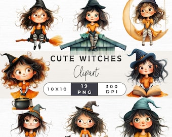 Cute Witch Clipart, Watercolor Witches, Halloween Witch Clipart, Cute Witches PNG, Quirky Witch PNG,