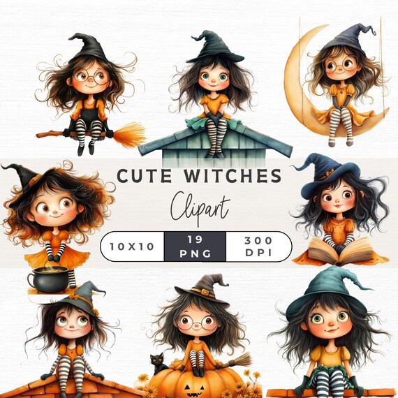 Cute Witch Clipart, Watercolor Witches, Halloween Witch Clipart, Cute Witches PNG, Quirky Witch PNG,