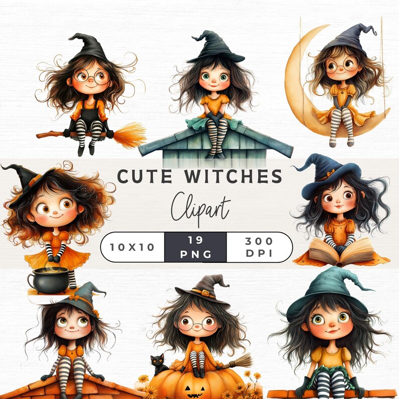 May include: A collection of digital clipart featuring cute cartoon witches. Each witch is depicted with dark hair, wearing a black witch hat, orange and black striped stockings, and an orange outfit. Some witches are on a broom, on a roof, or sitting on a crescent moon.