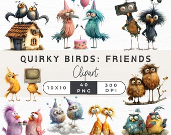 40 Quirky Bird Clipart, Funny Birds PNG, Funny Animals Png, Watercolor Bird Png, Printable Bird Art, Quirky Bird Clip Art, Whimsical Bird