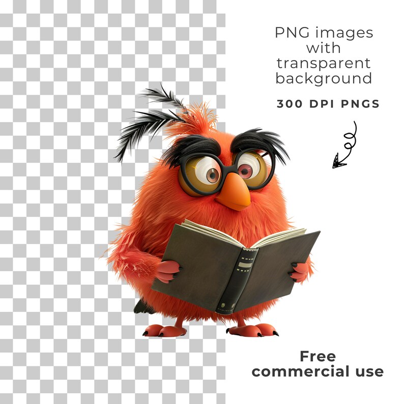 May include: A red, furry cartoon bird wearing glasses and holding a closed book. The bird has a serious expression on its face.