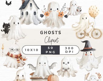 Cute Ghost Clipart, Halloween Clipart, Ghost PNG, Ghost Watercolor Clipart, Boho Ghosts Clipart, Spooky Season PNG, Commercial Use,