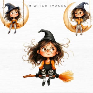 May include: Digital illustration of a cartoon witch with brown hair, glasses, and a black witch hat. The witch is wearing an orange top and black overalls, and is either sitting on a crescent moon swing or a broom. The text "19 WITCH IMAGES" is at the top.