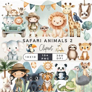Süße Safari Tiere Clipart, Dschungeltiere PNG, digitaler Download für Baby-Dusche, kommerzielle Nutzung, Aquarell Safari Tiere Clipart,