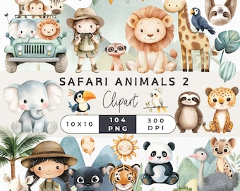 Cute Safari Animals Clipart, Jungle Animal PNG, Digital Download for Baby Shower, Commercial Use, Watercolor Safari Animals Clipart,