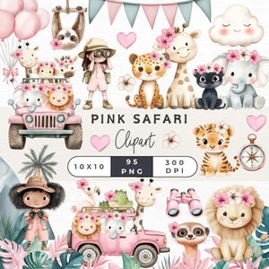 Pacchetto di clipart di safari rosa ad acquerello, clipart di ragazza safari rosa, adorabili animali della giungla, perfetti per inviti e decorazioni per la cameretta dei bambini,