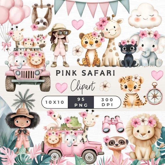Watercolor Pink Safari Clipart Bundle, Pink Safari Girl Clipart, Adorable Jungle Animals, Perfect for Invitations and Nursery Decor,