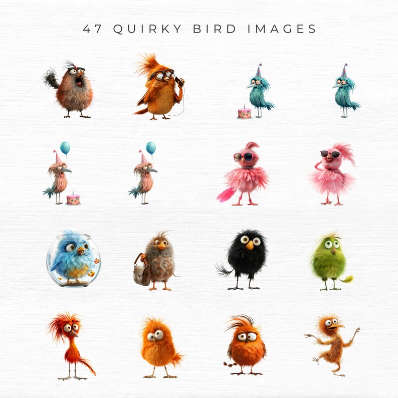 May include: A collection of 16 quirky bird illustrations. The birds are depicted in various poses and expressions, some wearing hats and sunglasses. The birds are all colorful and have unique personalities.