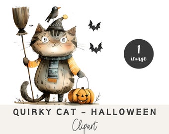 Quirky Cat Clipart, Halloween Clipart, Cats Png, Cute Animals, Quirky Cat PNG, Whimsical Cat, Halloween Cat PNG, Funny Cat Clipart