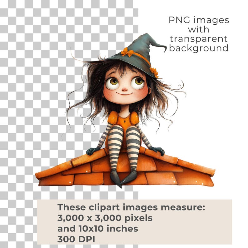 May include: A whimsical illustration of a cartoon witch with big green eyes, wearing an orange dress, striped leggings, and a pointed hat. The witch is sitting on a brown roof. The image includes text: "PNG images with transparent background" and "These clipart images measure: 3,000 x 3,000 pixels and 10x10 inches 300 DPI."