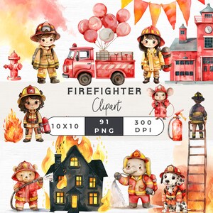 Aquarell Feuerwehrmann Clipart, Feuerwehr Clipart PNG, Feuerwache, Feuerwehrmann, Feuerwehrmann, Feuerwehrauto, Geburtstag Clipart