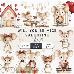 Imágenes prediseñadas de ratón lindo, imágenes prediseñadas de animales del bosque para San Valentín, ilustraciones de ratones en acuarela, imágenes prediseñadas de ratones encantadores para el día de San Valentín,