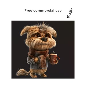 May include: A cartoon dog wearing a brown and gray sweater and a brown scarf, holding a brown mug with a paw print design. The dog is looking to the left and has a thoughtful expression.