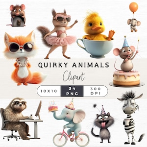 Quirky Animal Clipart Bundle - Funny Animals PNG - Whimsical Digital Download - Commercial Use