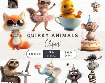 Quirky Animal Clipart Bundle - Funny Animals PNG - Whimsical Digital Download - Commercial Use