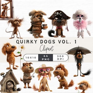 44 Quirky Dogs Clipart, Whimsical Dogs Clipart, Cute Dog Portraits, Funny Dogs, Quirky Dog Clipart, Quirky Dog PNG, Funny Dog PNG Clipart,