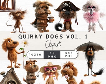 44 Quirky Dogs Clipart, Whimsical Dogs Clipart, Cute Dog Portraits, Funny Dogs, Quirky Dog Clipart, Quirky Dog PNG, Funny Dog PNG Clipart,