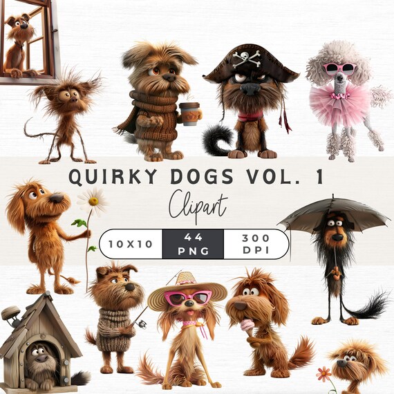 44 Quirky Dogs Clipart, Whimsical Dogs Clipart, Cute Dog Portraits, Funny Dogs, Quirky Dog Clipart, Quirky Dog PNG, Funny Dog PNG Clipart,