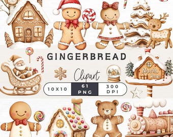Gingerbread Clipart Bundle, Cute Christmas Cookies, Watercolor Gingerbread Man, Cute Gingerbread House PNG, Christmas Clipart,