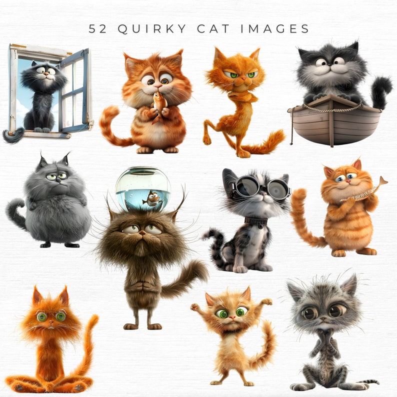 May include: A collection of 10 cartoon cats with various expressions and poses. The cats are all different colours and have unique features, such as glasses, a fishbowl on their head, and a fish in their mouth. The cats are all against a white background.