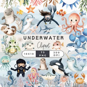 Bundle de cliparts aquarelle animaux marins, jolies créatures sous-marines, cliparts animaux marins, jolies créatures océaniques, adorables cliparts animaux marins