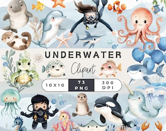 Watercolor Sea Animals Clipart Bundle, Cute Underwater Creatures, Sea Animal Clipart, Cute Ocean Creatures, Adorable Sea Animals Clipart
