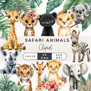 Clipart de safari en acuarela, animales de la jungla PNG, lindo arte de safari, animales de la jungla en acuarela, clipart de baby shower, cumpleaños de Wild One,
