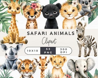 Aquarell Safari Clipart, Dschungeltiere PNG, süße Safari Kunst, Aquarell Dschungeltiere, Baby-Dusche Clipart, Wild One Geburtstag,