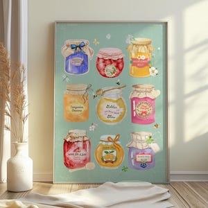 Marmeladenglas druckbare niedliche Kunst, Aquarell-Bauernhausdekor, Marmeladenmalerei, ästhetische Wandkunst, Cottagecore Druck, niedliche Küchengläser druckt Wand
