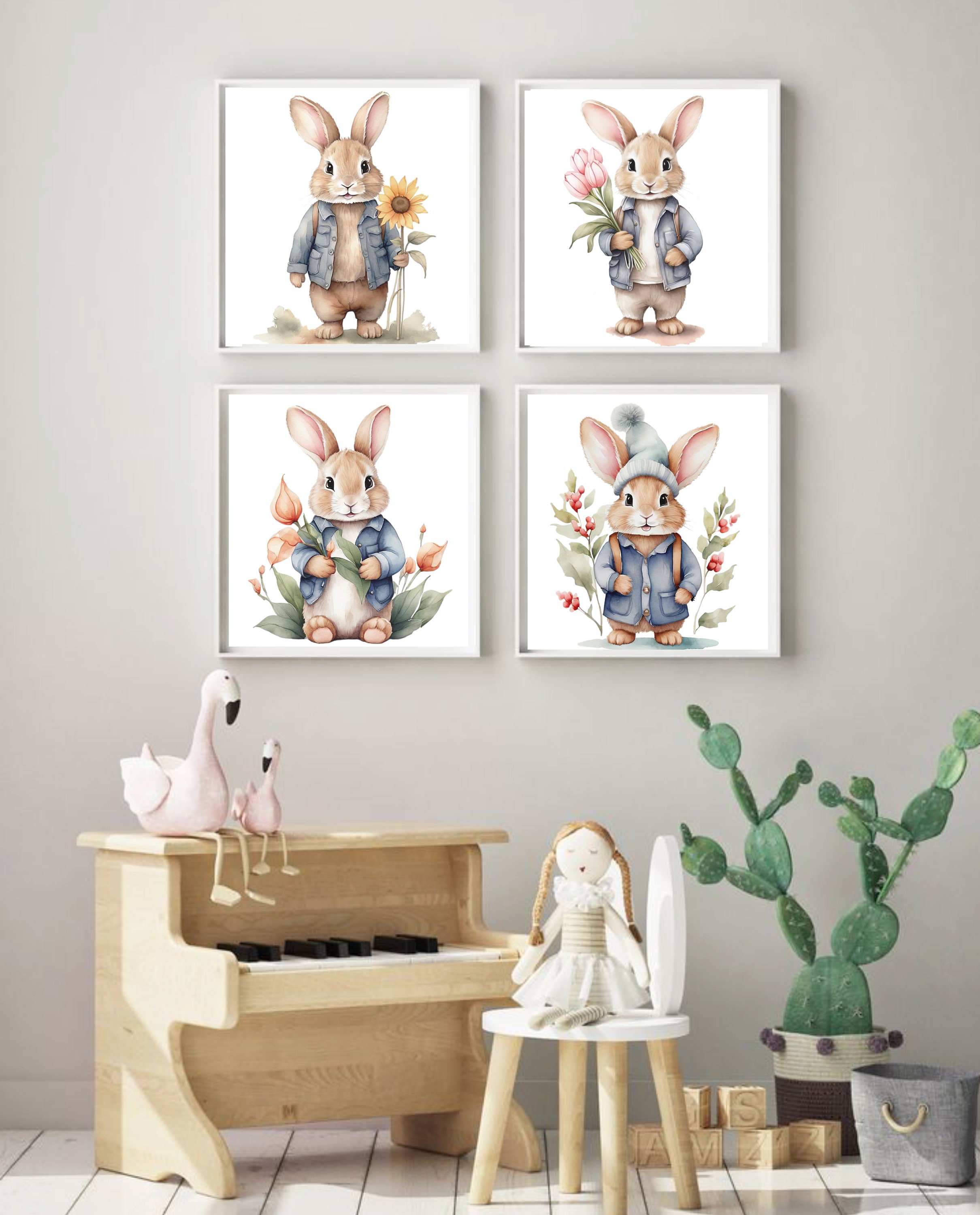 Bunny Flower Clipart Nursery Spring Art Decor,easter Rabbit Sign,floral ...
