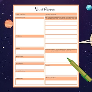 One-Page Novel Planner, Printable Writing Template, PDF, Orange Book Outline Page