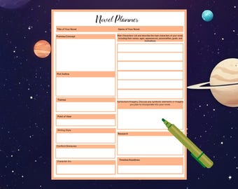 Single Page Novel Planner Printable PDF — Orange Writing Template for Novelists, Instant Download