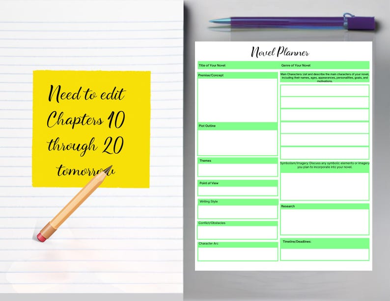 Single Page Novel Planner Printable PDF — Green Writing Template for ...