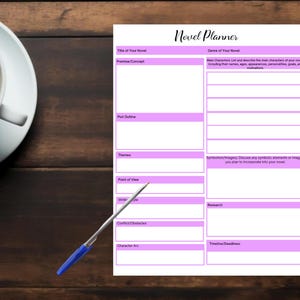 One-Page Novel Planner, Purple Printable Writing Template, PDF Download