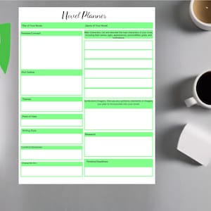 May include: A printable novel planner with green highlights. The planner includes sections for title, premise, plot outline, themes, point of view, writing style, conflict/obstacles, character arc, genre, main characters, symbolism/imagery, research, and timeline/deadlines.