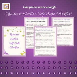 Könnte beinhalten: Ein Romance Author Self-Edit Checklist Dokumentenset auf einem violetten Hintergrund mit wiederkehrendem Rosenmuster. Die Seiten zeigen goldene Stern- und Herzakzente sowie Text, der drei Bearbeitungsschritte beschreibt: Story & Structure, Style & Voice und Surface & Polish.