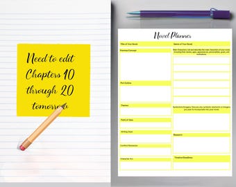 Single Page Novel Planner Printable PDF — Yellow Writing Template for Novelists, Instant Download