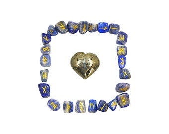 Pyrite Crystal Heart with Lapis Lazuli Rune Set  Crystal Shop, Rocks and Minerals, Crystal Decor, Crystal Display
