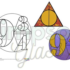 May include: Three stained glass designs featuring the numbers 9 3/4. One design is a circle with a purple background and gold numbers. Another design is a circle with a white background and black numbers. The third design is a triangle with a red background and a gold circle in the centre.