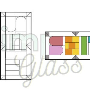 Pode incluir: Um desenho a preto e branco de um padrão de vitral com a palavra "BUILT" a cores. As letras são compostas por quadrados e retângulos de diferentes cores. As cores são rosa, vermelho, laranja, amarelo, verde, azul e turquesa.