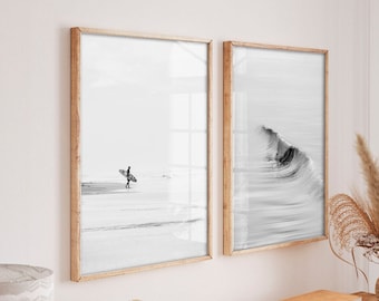 Set of 2 surf prints , fine art photography, surf wall art, sea wave, surfer print, coastal black and white print, black and white photos