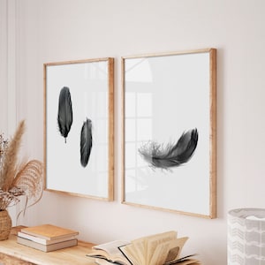 Set of 2 black feathers print, original fine art photography, feather wall art, feather photos, minimalist feathers, wall frames