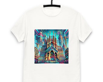 Men's classic tee Sagrada Familia monument t shirt pop art and cyberpunk style