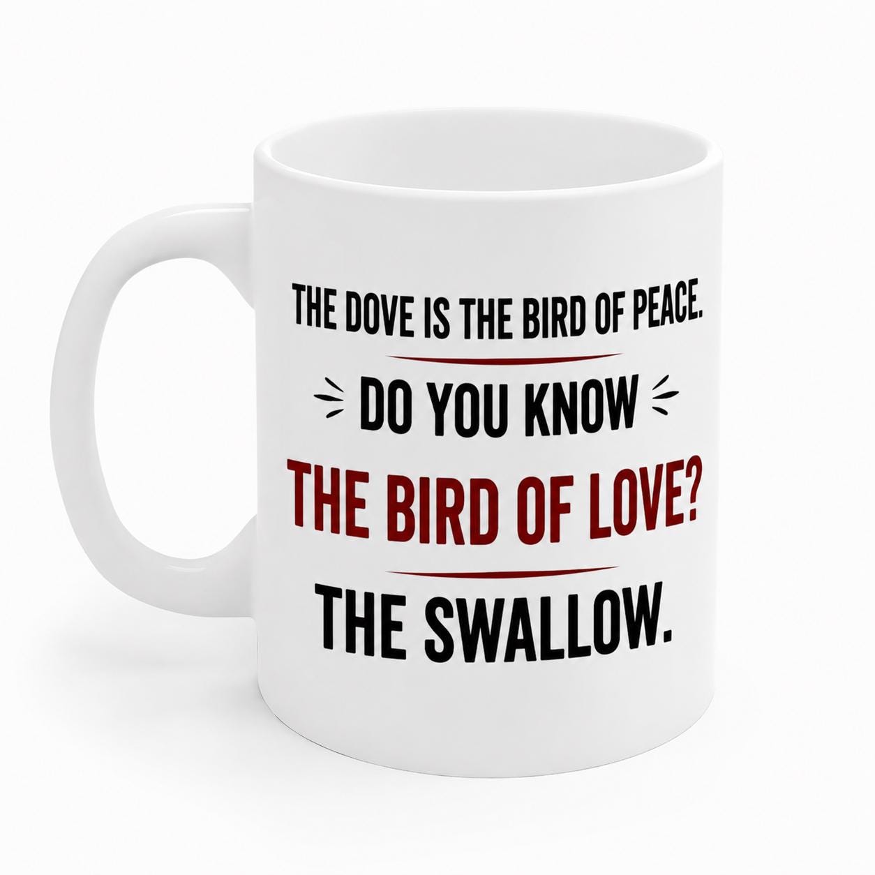 Funny Dove & Swallow Mug – Adult Humor Joke, Cheeky Coffee Cup (White Ceramic)