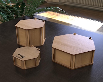 Laser Cut Hexagon Box Template Set: 3 Sizes (SVG DXF AI Lbrn2)