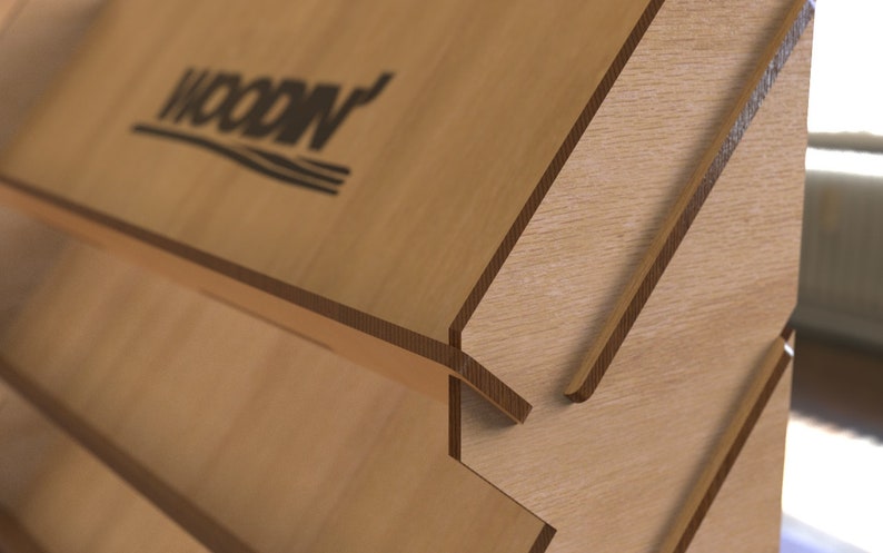 May include: A wooden display stand with a layered design. The top layer features the word "WOOD" in black lettering.