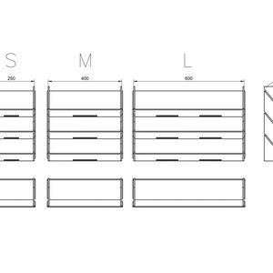 May include: Line drawing of three different sizes of a shelf unit, labeled S, M, and L. The shelves are 4.15 inches tall and have a 1.5 inch deep base. The shelf widths are 250 mm, 400 mm, and 600 mm. A separate drawing shows the shelf unit in a corner configuration.